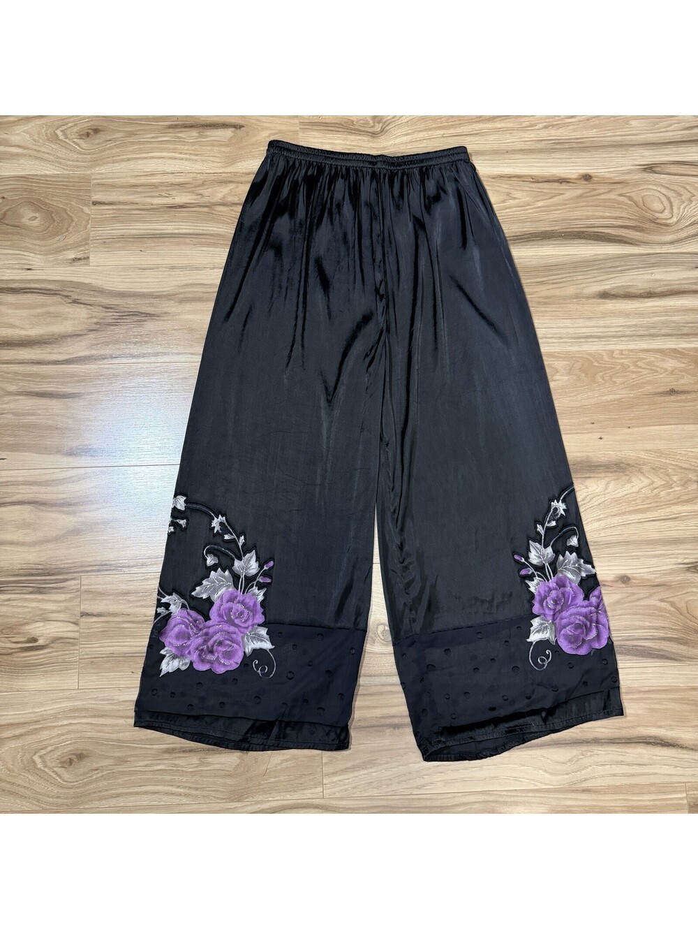 Black Wide Leg Mulberry Silk Pants Purple Rose Applique Sheer Hem Detail